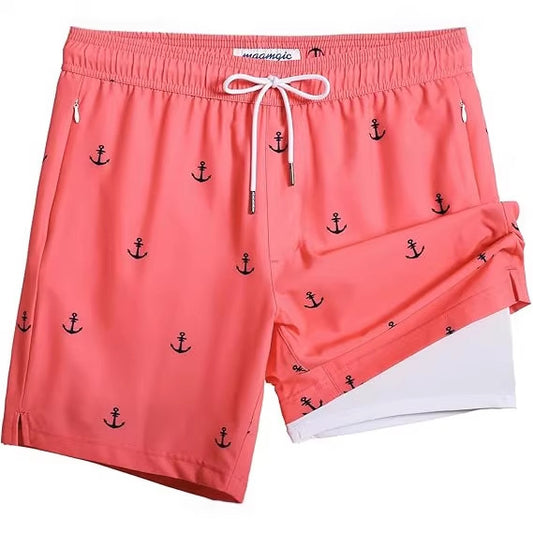 Quick-drying shorts with inner lining and shark-print design