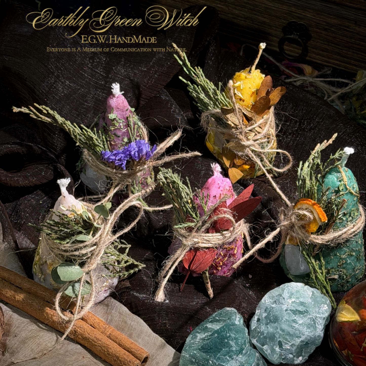 Hand-Rolled Pure Beeswax Crescent Moon Candles with Herb Decor