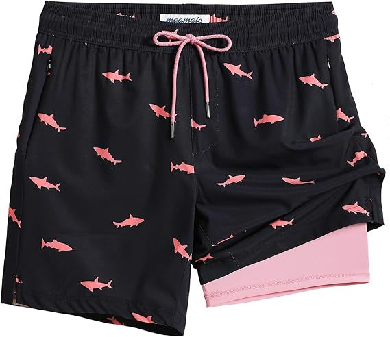 Quick-drying shorts with inner lining and shark-print design