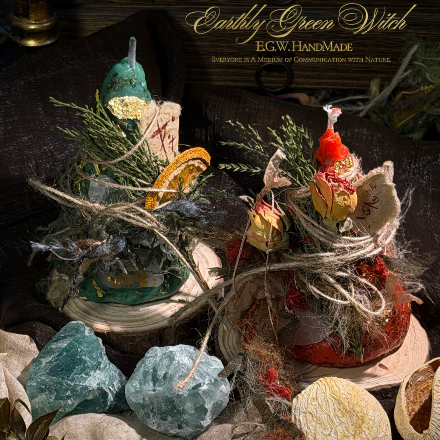 Hand-Rolled Pure Beeswax Crescent Moon Candles with Herb Decor