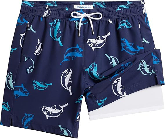 Quick-drying shorts with inner lining and shark-print design